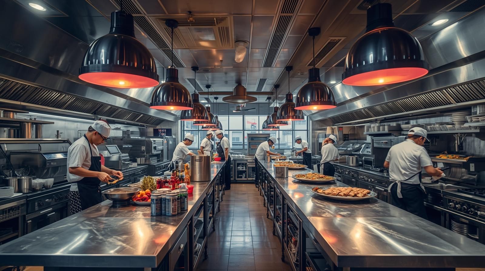 스테인리스 조리대가 나란히 배치된 공유주방 내부 전경