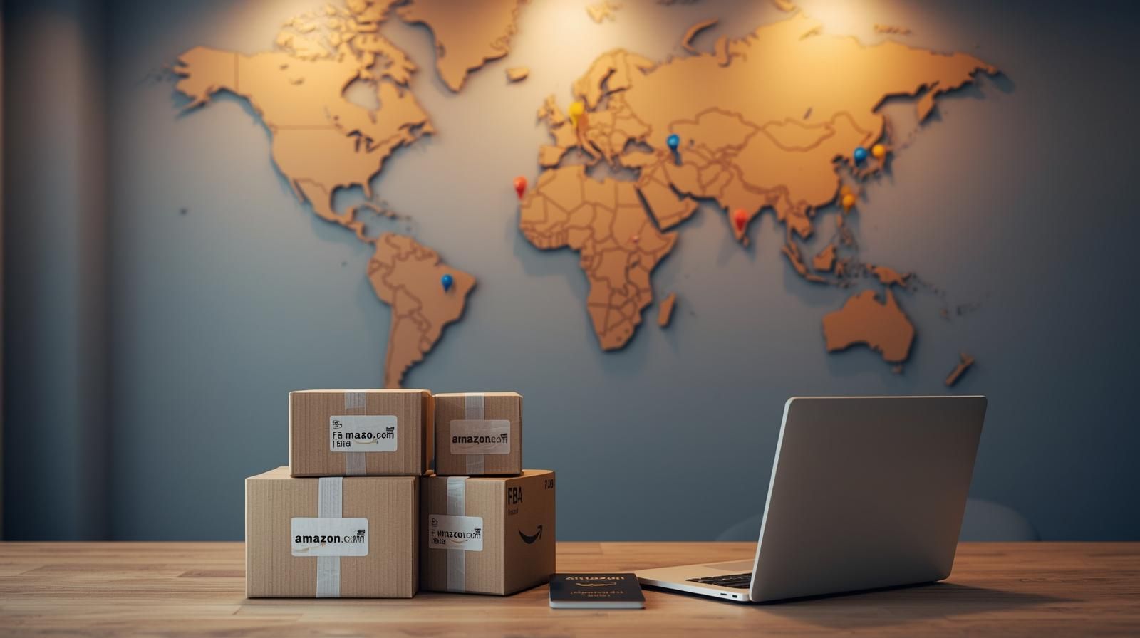 세계 지도 위에 배송 루트가 표시된 모니터와 국제 택배 박스