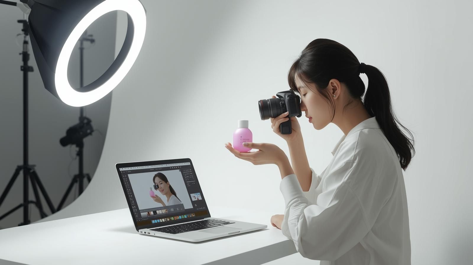 온라인 셀러가 상품 촬영 스튜디오에서 택배 포장하는 모습