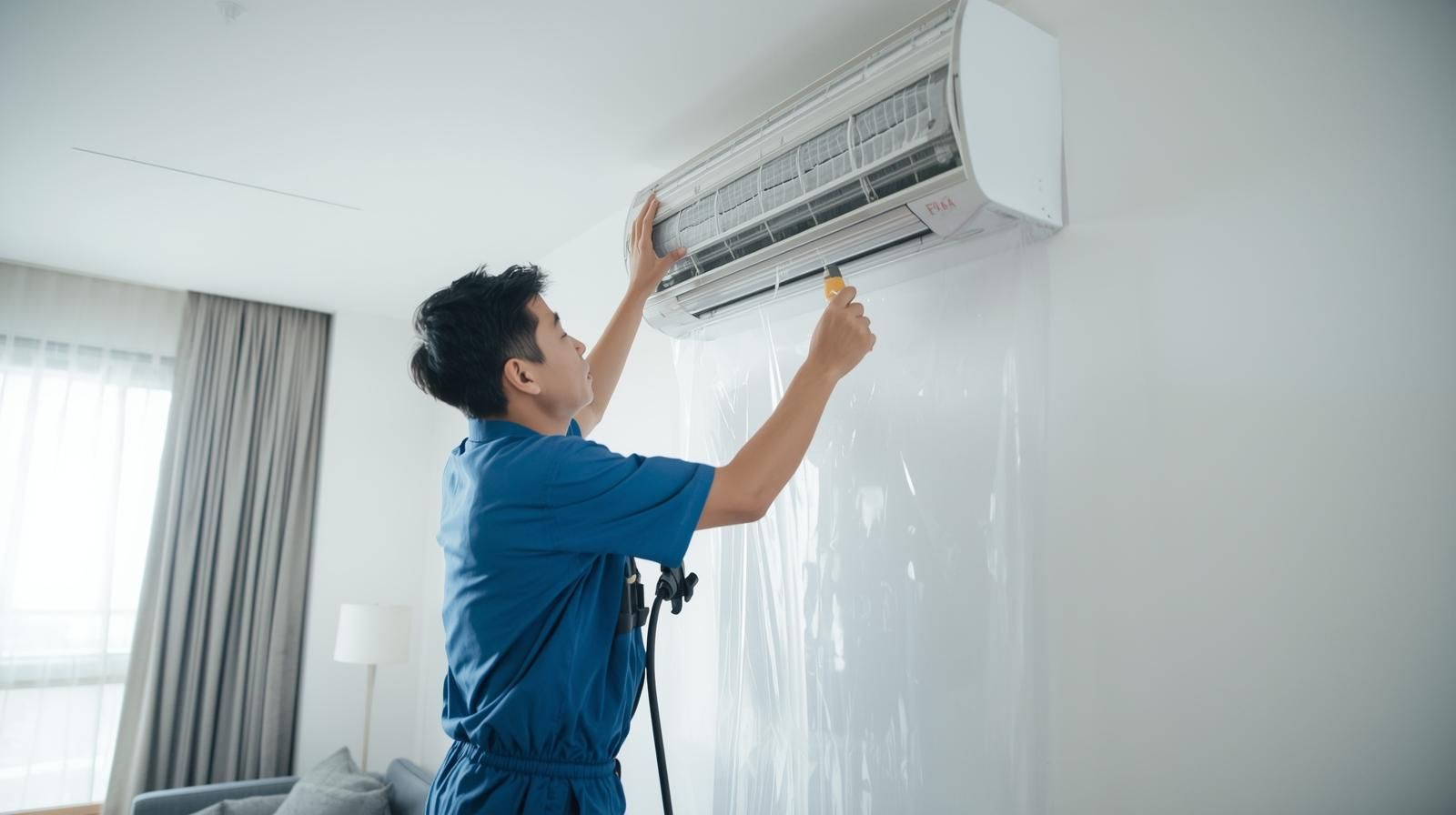 아파트 베란다에서 에어컨 실외기를 점검하는 50대 출장 서비스 기사