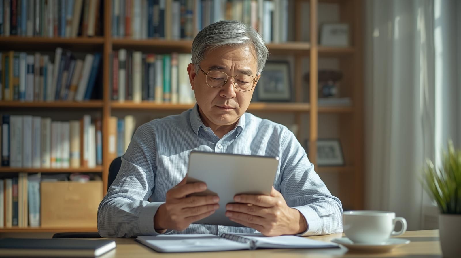 50대 시니어 사업가가 카페에서 태블릿으로 사업계획을 검토하는 모습