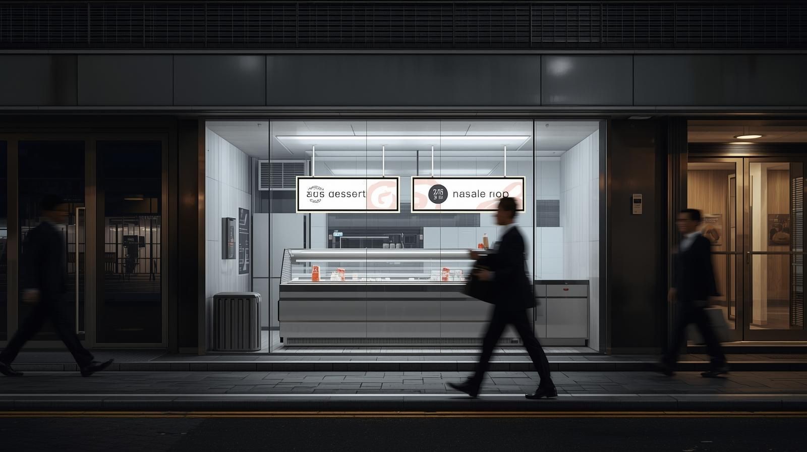 지하철역 출구 앞 깔끔한 소형 매장에 키오스크가 설치된 오토매장 외관