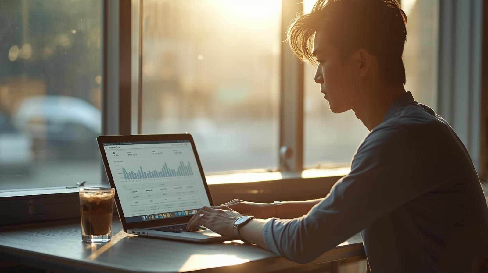 1인 창업자가 노트북으로 AI 도구를 활용하며 카페에서 작업하는 모습
