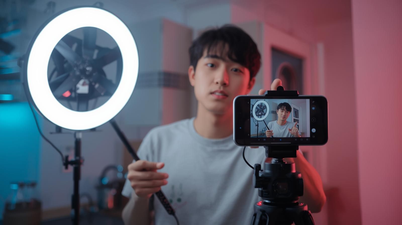 스마트폰 링라이트 앞에서 숏폼 영상 촬영하는 1인 크리에이터